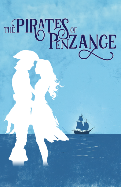 Poster icon of 'Pirates of the Penzance' that shows a dark blue sea against a light blue sky with a silhouette in white of two people, close but not intimate. The man is on the left and appears to be wearing a pirate hat and a jacket with long tails. The woman is in a dress that is blowing in the breeze. she has long curly hair. In the background, a pirate ship is seen on the horizon.
